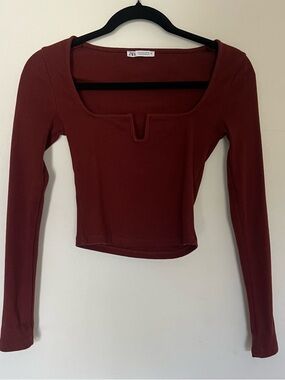 Zara Long Sleeve Ribbed Square Neck Top - Deep Brick Red